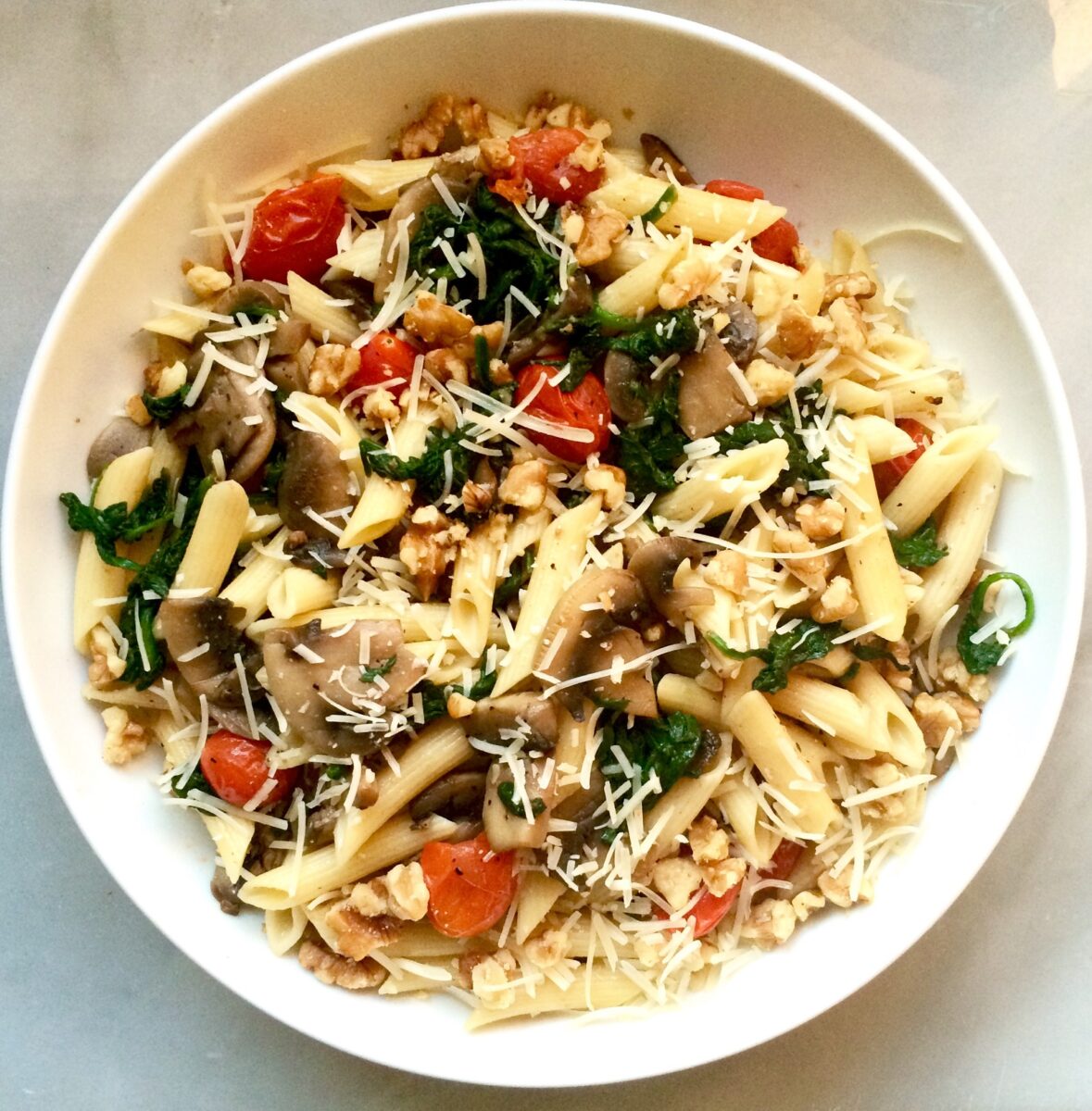 Summer Pasta with Veggies, Walnuts, and Parmesan
