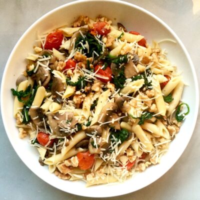 Summer Pasta with Veggies, Walnuts, and Parmesan