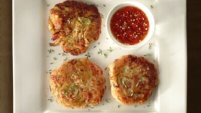 Pastrami Latkes with Sweet-Chili Mayo Sauce