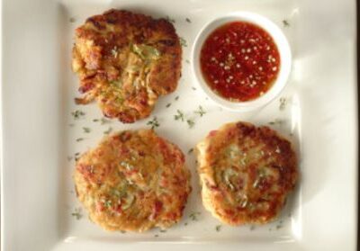 Pastrami Latkes with Sweet-Chili Mayo Sauce