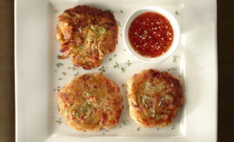 Pastrami Latkes with Sweet-Chili Mayo Sauce