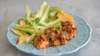 Pecan Crusted Maple-Mustard Salmon With Shaved Asparagus, Nectarine, and Mint Salad