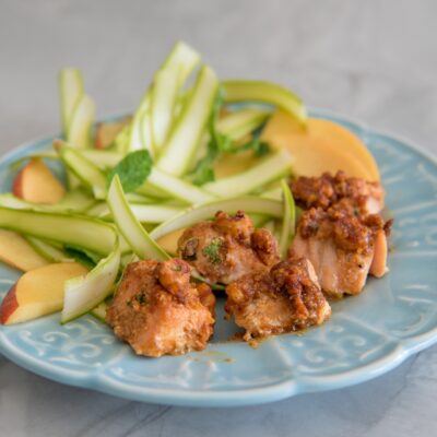 Pecan Crusted Maple-Mustard Salmon With Shaved Asparagus, Nectarine, and Mint Salad