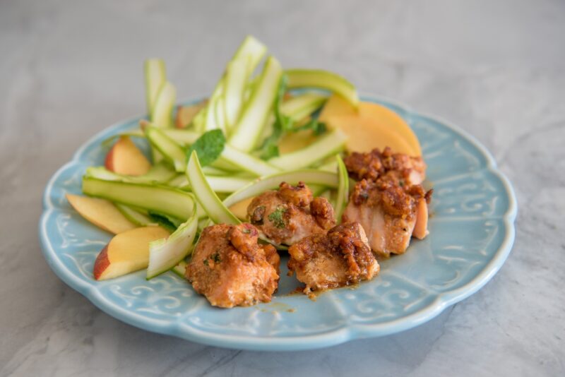 Pecan Crusted Maple-Mustard Salmon With Shaved Asparagus, Nectarine, and Mint Salad