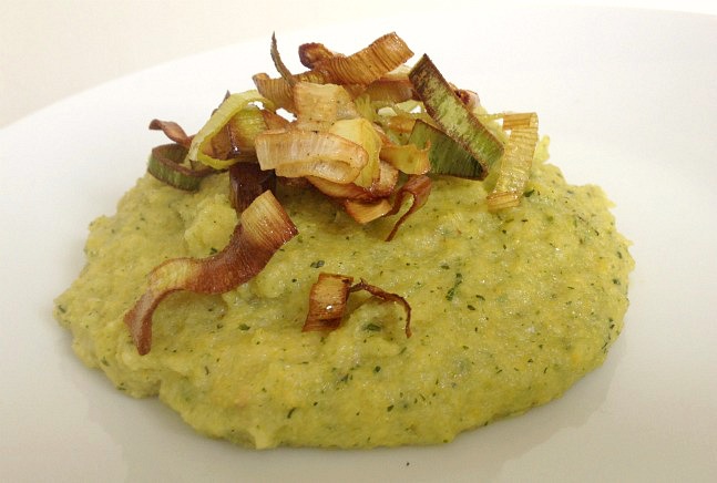 pesto polenta with frazzled leeks