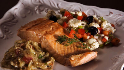 FLAME ROASTED EGGPLANT pickled salmon