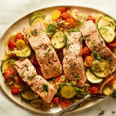 One pot fish dinner otherwise called Poached Fish with Summer Vegetable Nage