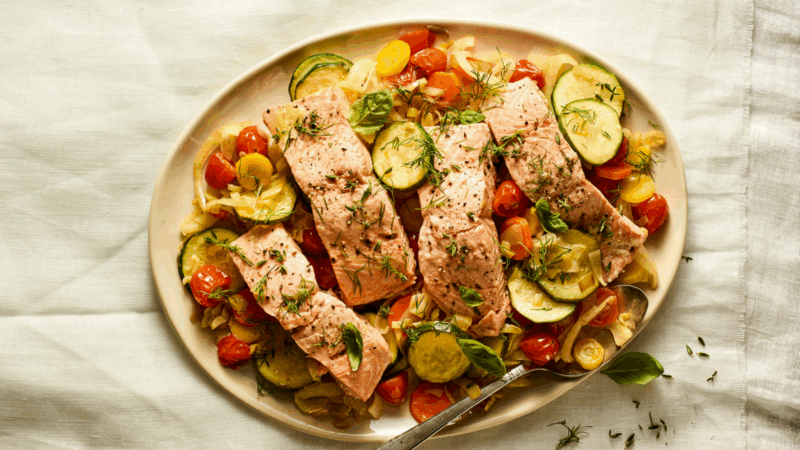 One pot fish dinner otherwise called Poached Fish with Summer Vegetable Nage