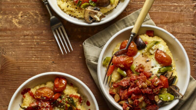 baked polenta with eggs & roasted vegetables
