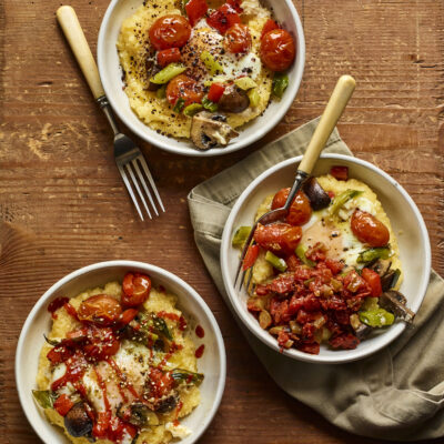 baked polenta with eggs & roasted vegetables
