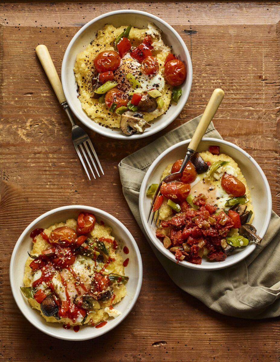 baked polenta with eggs & roasted vegetables