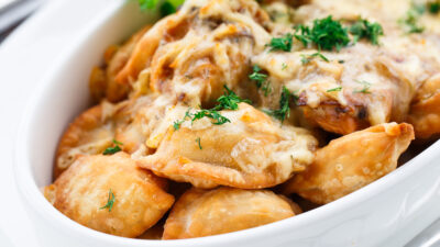Portabella Mushroom Wontons with Caramelized Onion Cream Sauce
