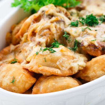 Portabella Mushroom Wontons with Caramelized Onion Cream Sauce
