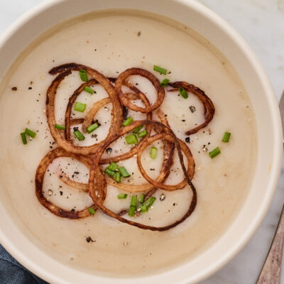 Roasted Potato Leek Soup with Onion Haystack