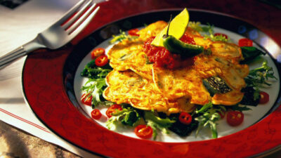 potato pancakes iwth roasted corn and poblano peppers