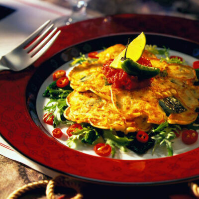 potato pancakes iwth roasted corn and poblano peppers