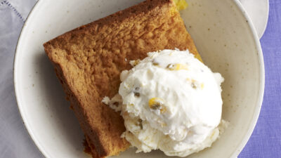 flourless pound cake with passion fruit ice cream