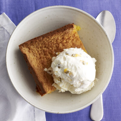 flourless pound cake with passion fruit ice cream