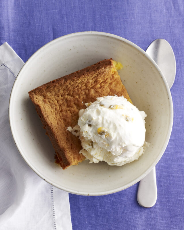 flourless pound cake with passion fruit ice cream