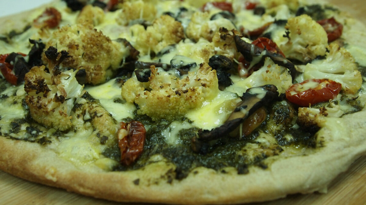 Laffa Pizza with Roasted Cauliflower and Pesto