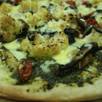 Laffa Pizza with Roasted Cauliflower and Pesto