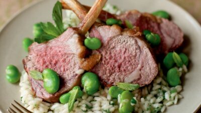 Roasted Lamb Chops with Fava Beans and Minted Risotto