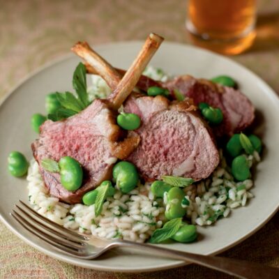 Roasted Lamb Chops with Fava Beans and Minted Risotto