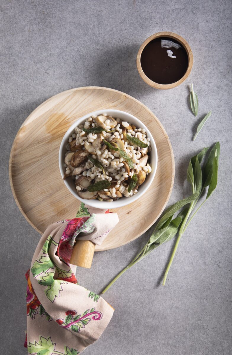 Roasted Mushroom Barley Salad with Fried Sage