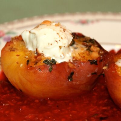 Roasted Peaches with Mint and Raspberry Sauce