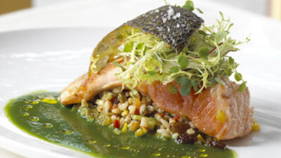Roasted Salmon with Pearl Barley and Parsley Coulis