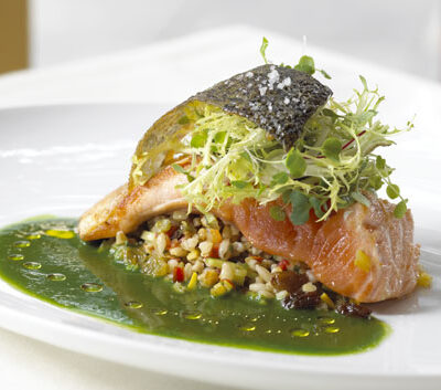 Roasted Salmon with Pearl Barley and Parsley Coulis
