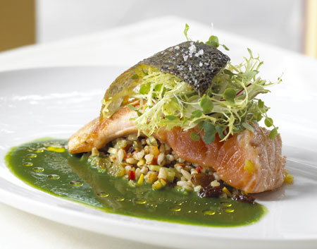 Roasted Salmon with Pearl Barley and Parsley Coulis