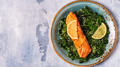 Roasted Sesame Salmon with Wilted Spinach