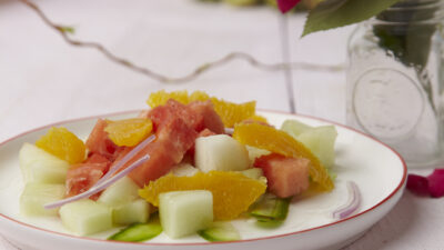 rosewater and cucumber salad with melon and oranges