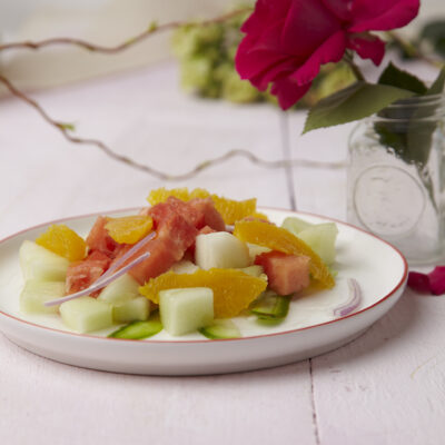 rosewater and cucumber salad with melon and oranges