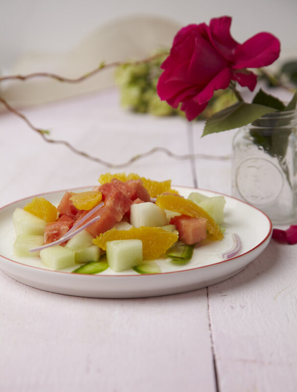 rosewater and cucumber salad with melon and oranges