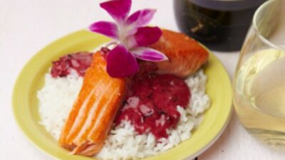 salmon with hibiscus cream sauce