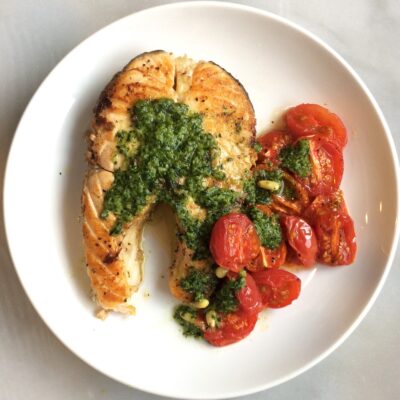 Salmon steaks with Pesto Garnish