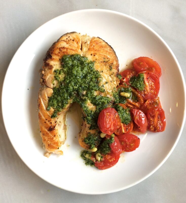 Salmon steaks with Pesto Garnish