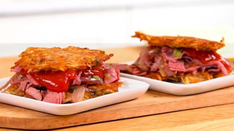 Scallion and Corned Beef Latke Sliders