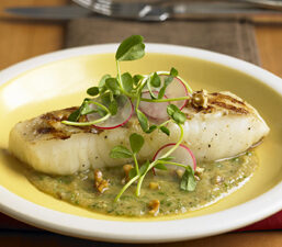 Sea Bass with Walnut Puree & Pea Sprout Salad