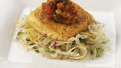 Semolina Crusted Alaskan Salmon, California Raisin &ldquo;Ratatouille&rdquo; and Wilted Spinach