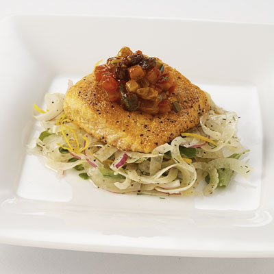 Semolina Crusted Alaskan Salmon, California Raisin &ldquo;Ratatouille&rdquo; and Wilted Spinach