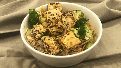 Sesame Crusted Tofu Over Stir Fry Soba Noodles