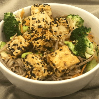 Sesame Crusted Tofu Over Stir Fry Soba Noodles