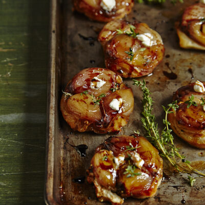 MINI TARTE TATINS WITH CARAMELIZED SHALLOTS AND GOAT CHEESE