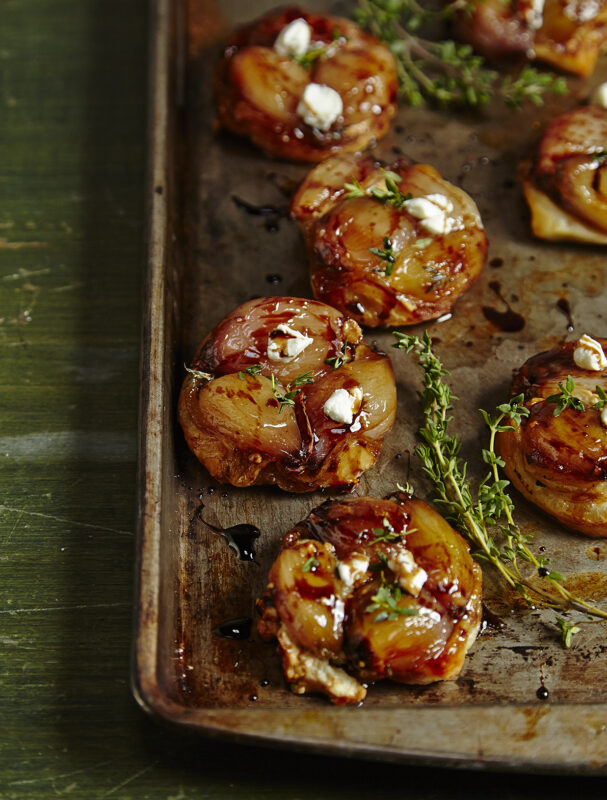 MINI TARTE TATINS WITH CARAMELIZED SHALLOTS AND GOAT CHEESE