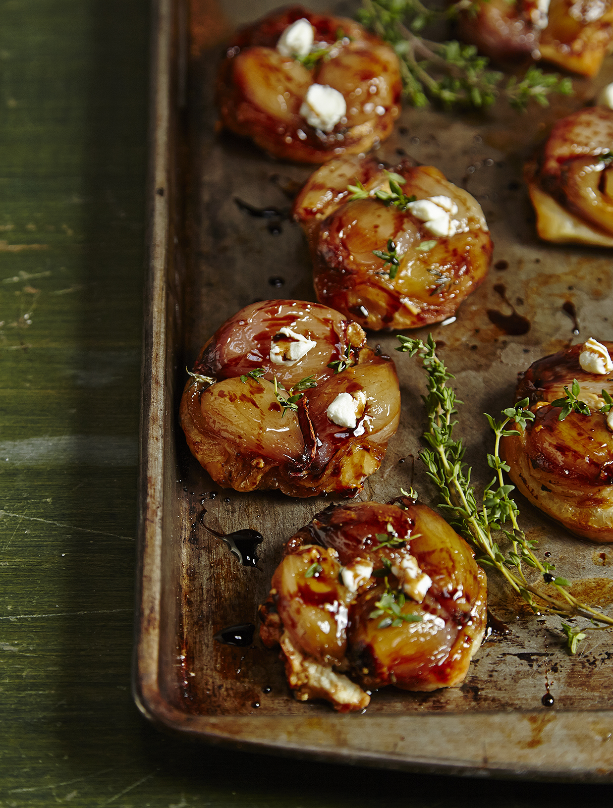 MINI TARTE TATINS WITH CARAMELIZED SHALLOTS AND GOAT CHEESE