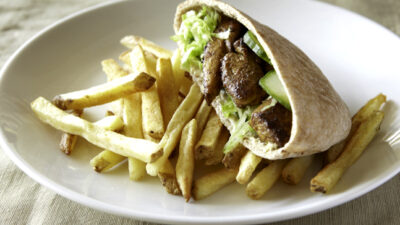 Shawarma Chicken and Chummus Pitas with French Fries