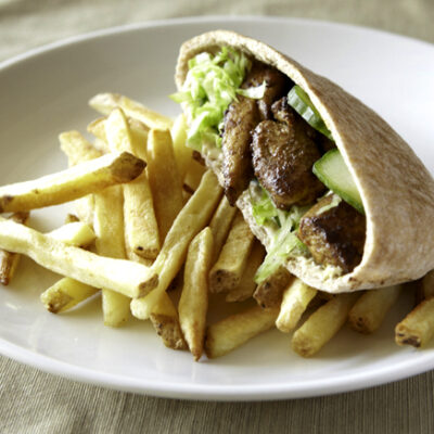 Shawarma Chicken and Chummus Pitas with French Fries